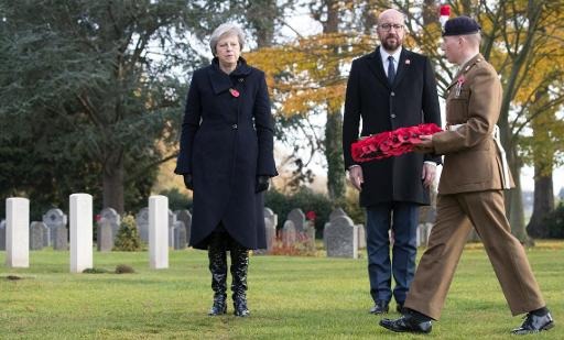 Theresa May and Charles Michel meet at the Saint-Symphorien cemetery