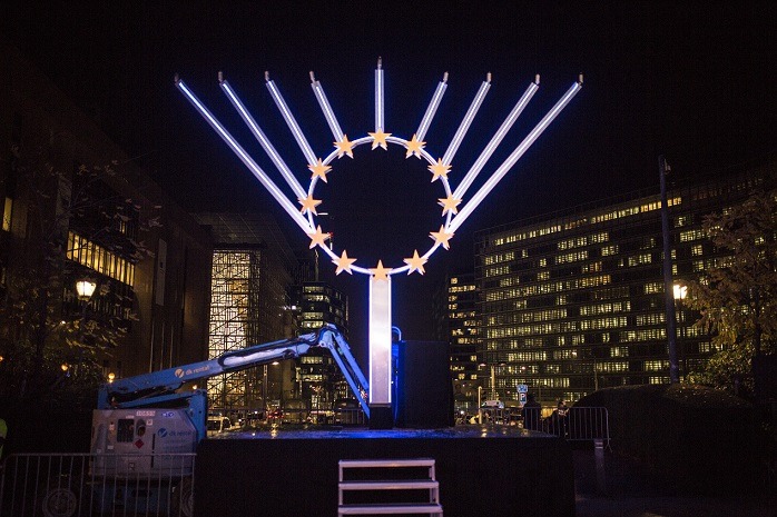 Belgium's largest menorah lights up the EU headquarter for Chanukah