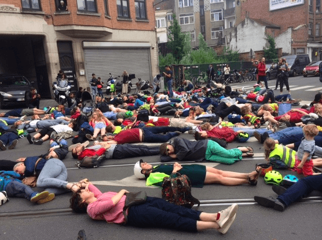 Protestors lie down in Schaerbeek street to protest recent hit-and-runs