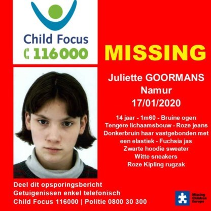 Child Focus reports “worrying disappearance” of 14-year-old girl in Namur