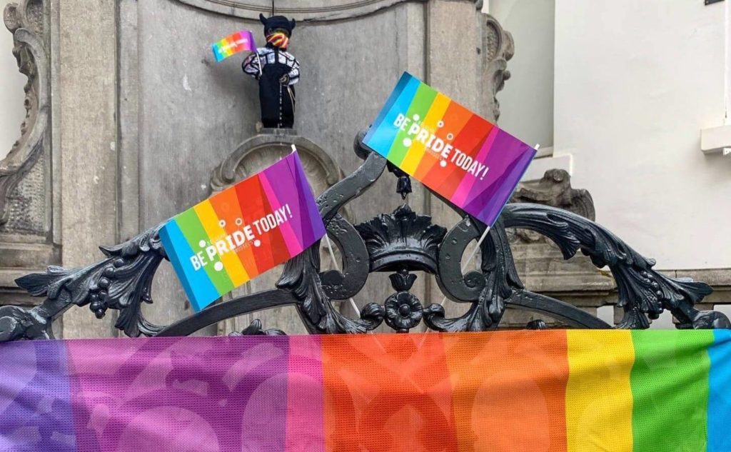 Manneken Pis dons rainbow face mask to mark cancelled Belgian Pride