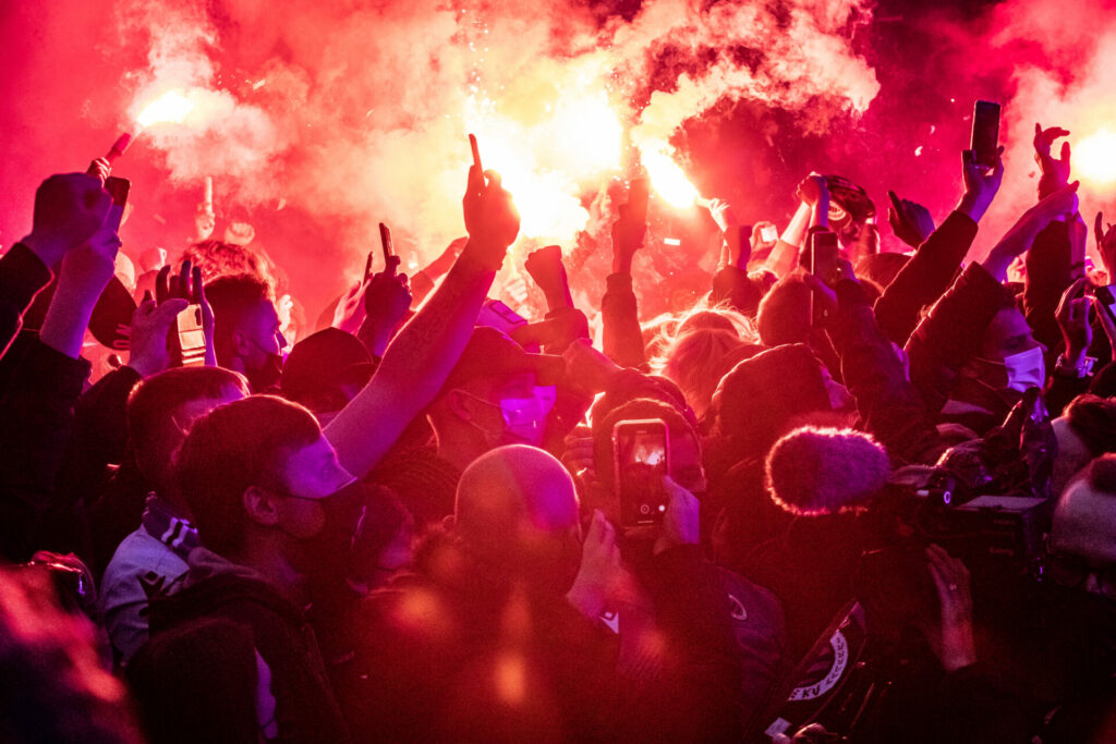 BRUGGE, BELGIUM - OCTOBER 27 : Young Club Brugge fans joking with