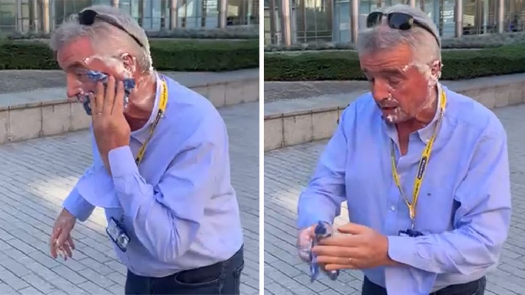 Ryanair CEO pied in the face outside the EU Commission