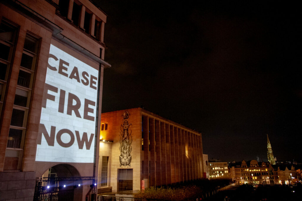 Brussels' Mont des Arts lit up with projection demanding Gaza ceasefire