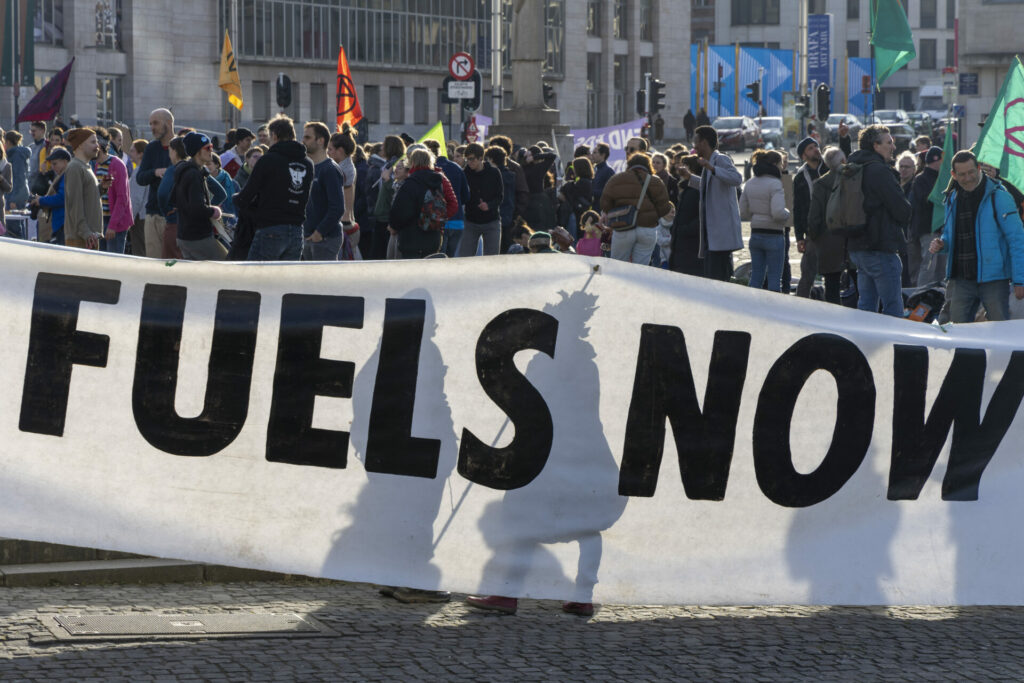Extinction Rebellion occupy street under Monts des Arts in Brussels