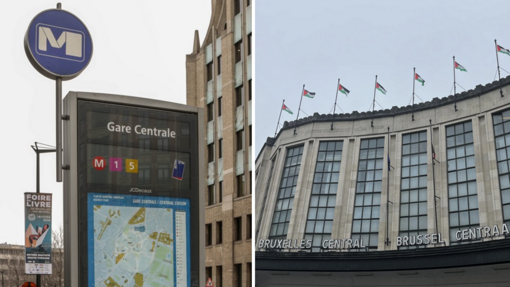 Palestinian flags hoisted and quickly removed at Brussels Central Station