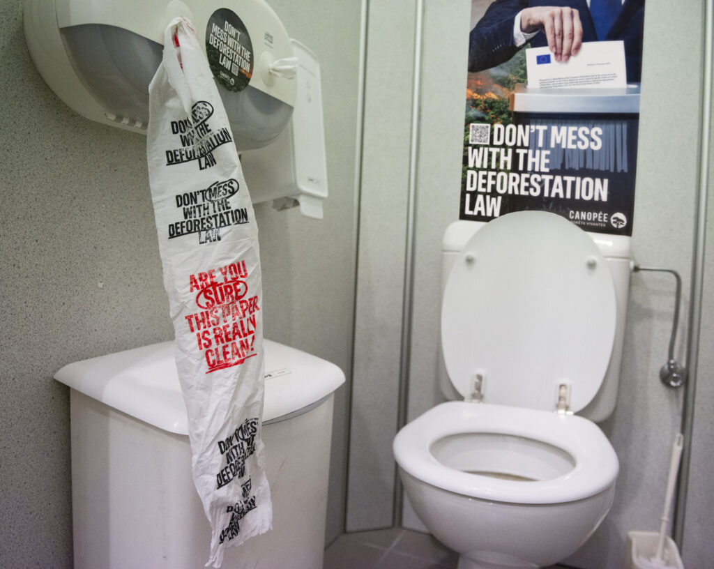 Activists replace European Parliament toilet paper to protest against deforestation