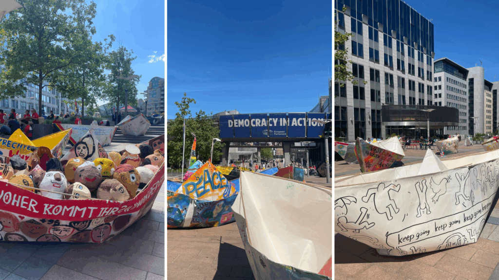 Giant paper boats arrive outside EU Parliament