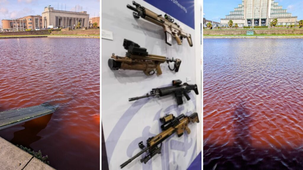 Activists create 'bloodbath' in front of controversial arms fair in Brussels