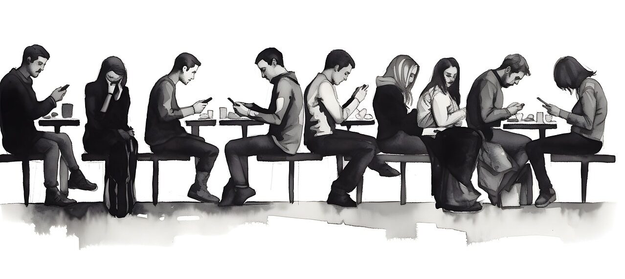 cellphone, restaurant, sketch, drawing, sad people, alone, doomscroll, ai generated