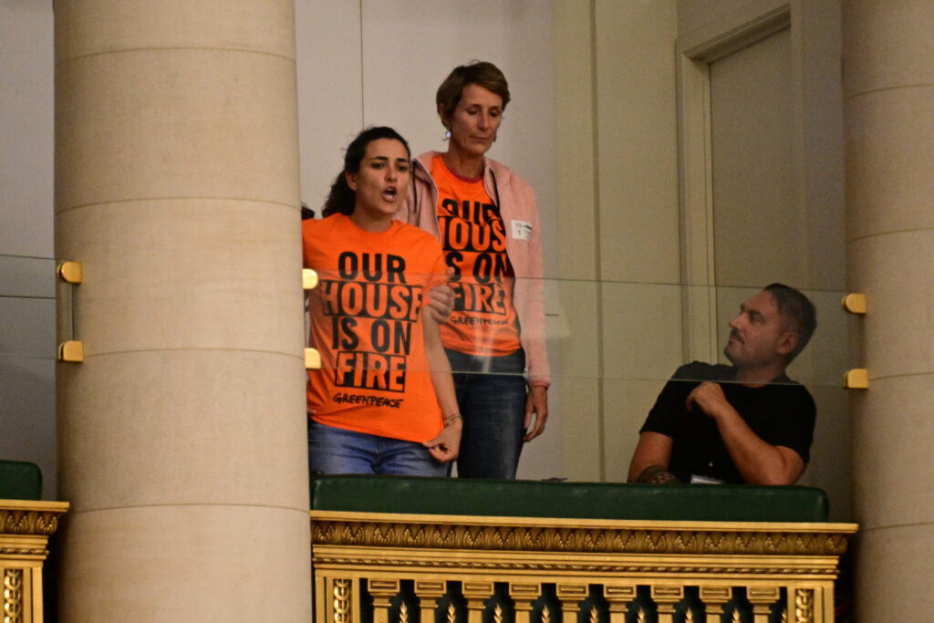 'Our house is on fire': Greenpeace stages protest at the federal parliament